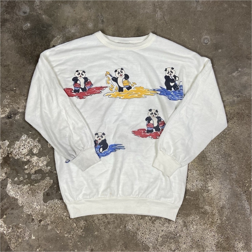 Vintage 80s Panda Sweatshirt Size Small White Crewneck Painting Animal Pullover
